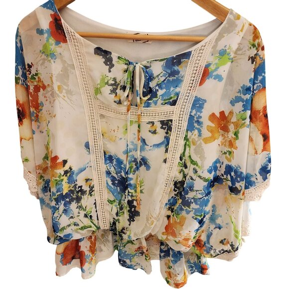 Flowy Oversized Floral Peasant Milkmaid Blouse w/Lace Trim & Tie Neck Sz. S - Picture 4 of 6